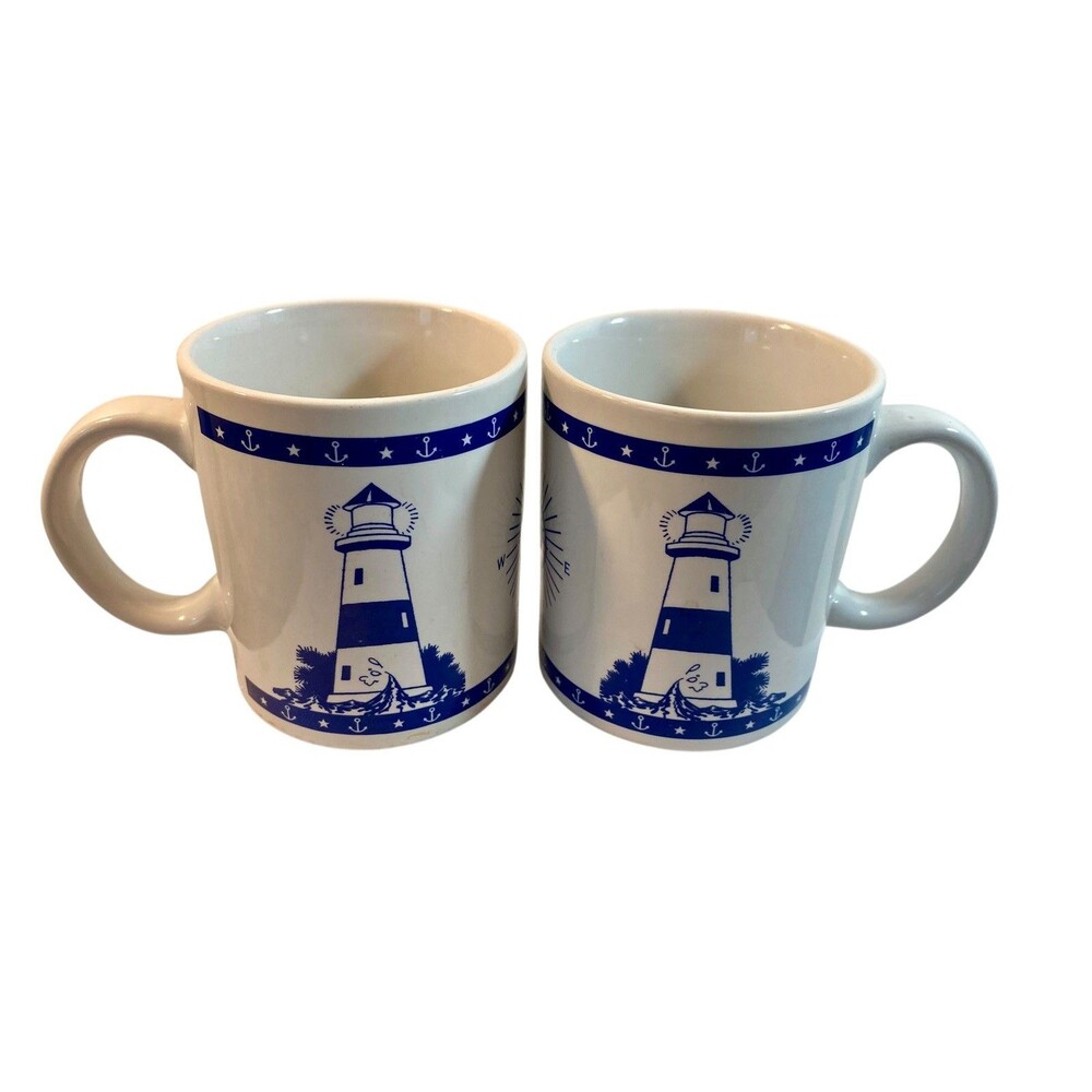 Set of 2 Coffee Mugs Tea Cups Stoneware 10 oz Coastal Lighthouse Beach Ocean